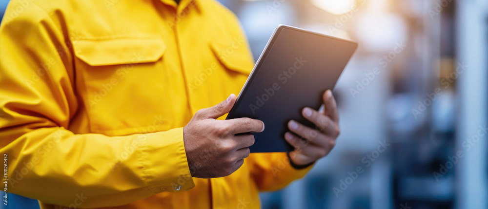 Poster worker in control room, utilizing tablet for remote quality control monitoring, ensuring production 