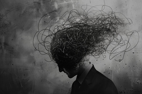 Portrait of a man with an exploding mind, worried stressed face expression and brain melting into lines