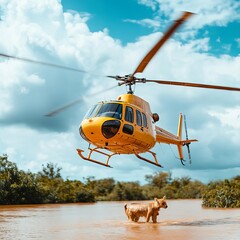 Fototapeta premium Helicopters airlifting animals from flooded nature reserves, showcasing the urgent efforts to save wildlife during extreme climate events