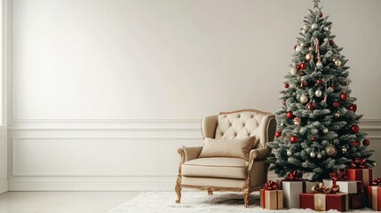 A cozy Christmas living room with a stylish armchair, a beautifully decorated Christmas tree, and gifts around, all set against a white background.