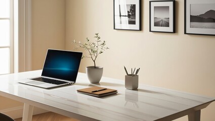 A minimalist home office setup featuring a laptop, a potted plant, and organized stationery on a clean white desk.