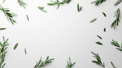 Fototapeta premium A detailed shot of rosemary leaves scattered on a white background, creating a fresh and natural culinary presentation.