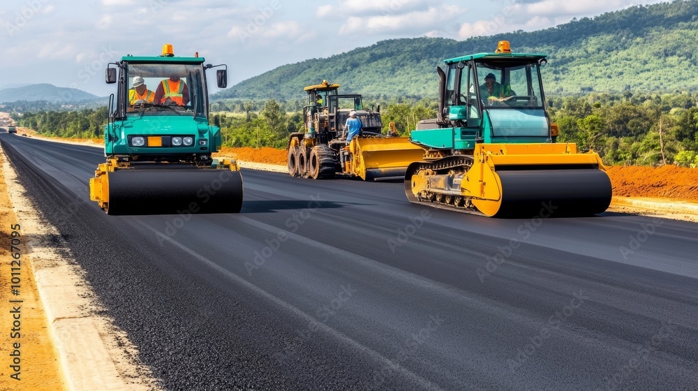 Poster road construction in progress asphalt paving machines and workers creating a smooth highway