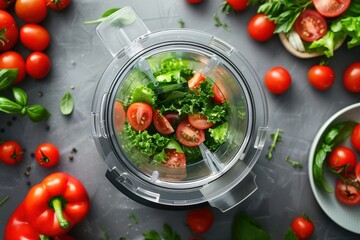 Fresh ingredients being blended in a kitchen with tomatoes, greens, and peppers on a countertop