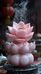 Elegant pink lotus incense burner releasing fragrant smoke in a tranquil setting during a cultural festival