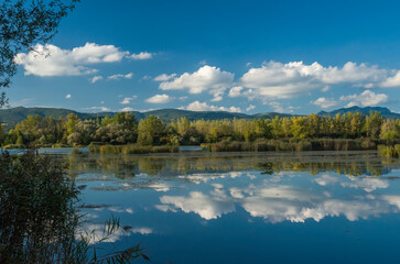 Lake with reflection of white clouds in calm water surface, summer landscape