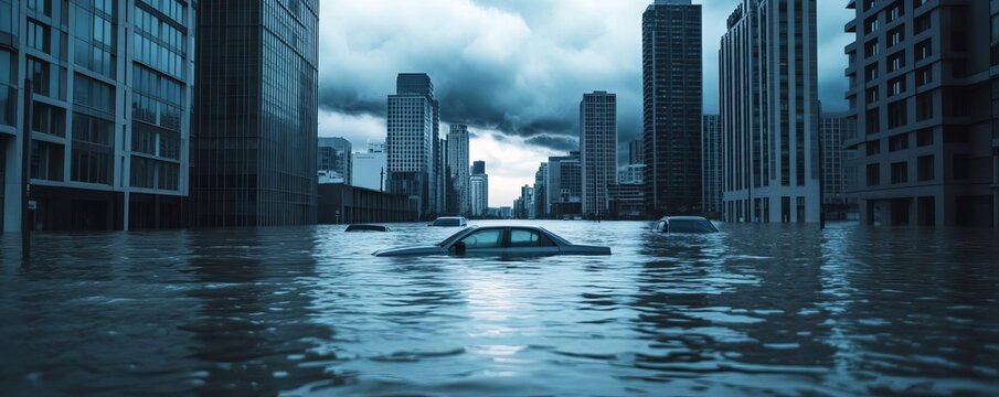 Submerged city streets with cars floating, dramatic light through stormy clouds, symbolizing climate change flood impact on urban areas