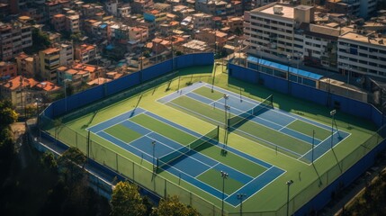 Aerial View of Two Tennis Courts in a City
