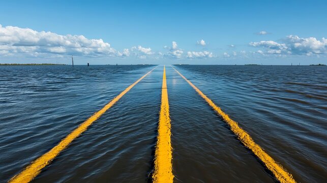 Submerged highways stretching into the horizon, a visual metaphor for the long-term consequences of unchecked climate change