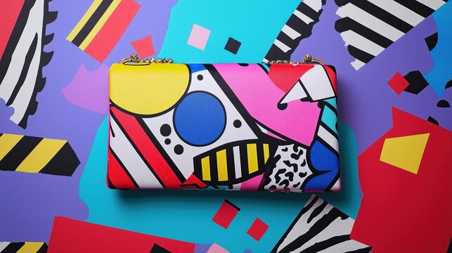 1980s clutch bag with bold patterns and clashing colors  against a background of geometric shapes, vintage bag 