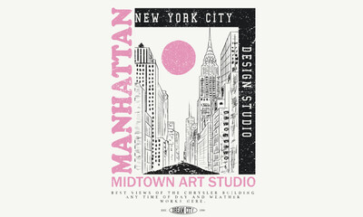 Tudor manhattan rod hand sketch print design. college text print, Creative studio city vibes vector graphic artwork. New york city hand drawing. New York design studio t shirt print design.