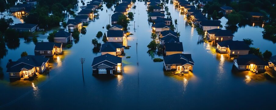 Suburban neighborhoods submerged under dark waters, highlighting the risk of power outages during floods