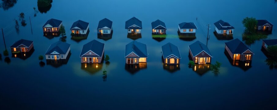 Suburban neighborhoods submerged under dark waters, highlighting the risk of power outages during floods