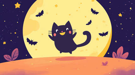 Fototapeta premium 満月の夜に跳ねる黒猫