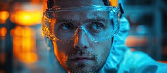 Close-up portrait of a man wearing safety glasses and a white suit, looking at the camera with a serious expression.