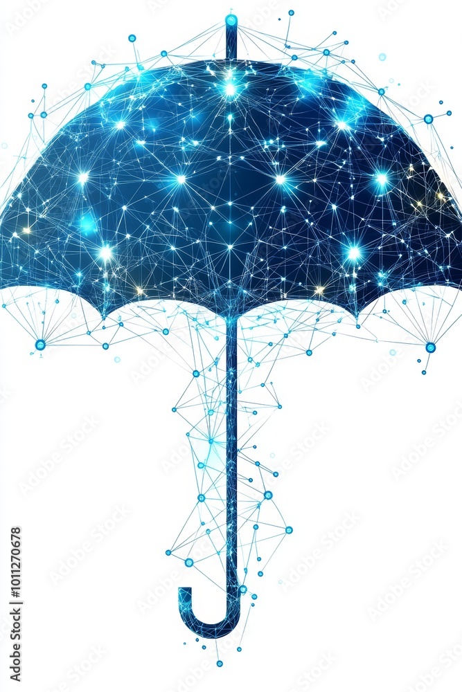Poster cybersecurity and data protection concept. digital umbrella with glowing nodes on white background.