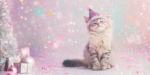A cute fluffy red white  calico grey kitten in a christmas hat sitting on the ground against an Christmas tree with silver decor