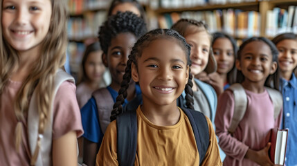 Group of happy multiracial children holding books and smiling at camera in school library