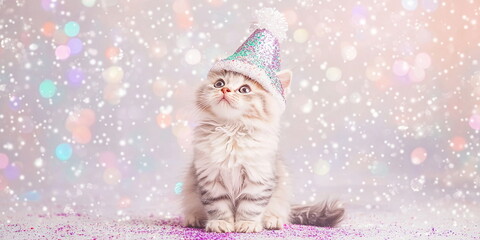 A cute fluffy red white  calico grey kitten in a christmas hat sitting on the ground against an Christmas tree with silver decor