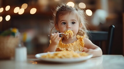 Girl eats pasta at table, in yellow dress.