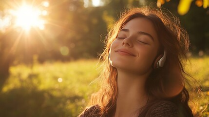 Lady in headphones soaks up sun in park.