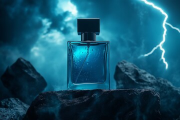 Beautiful blue perfume bottle closeup, dark gray stone podium against thunder and lightning background, perfume mockup. Product presentation.