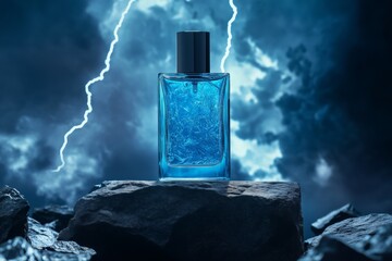 Beautiful blue perfume bottle closeup, dark gray stone podium against thunder and lightning background, perfume mockup. Product presentation.