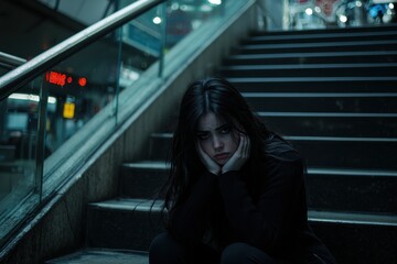 Obraz premium A woman with dark hair sits on underground stairs, expressing deep contemplation and emotion in a dimly lit urban setting.