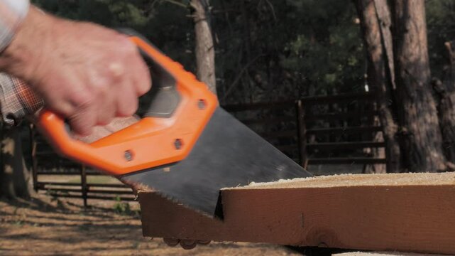 A person is using a hand saw to cut a piece of wood while surrounded by tall trees in a serene forest environment. The focus is on the precision of the sawing action.