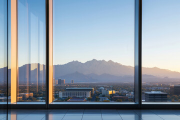 Office window reveals a stunning view of distant mountains on a clear sunny day, with a vibrant cityscape in foreground, blending urban life with the serene beauty of nature for a captivating scene.