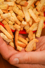 Snack. Cholesterol. Fast carbohydrates. Salty snack for beer. Unhealthy food. Croutons. Unhealthy food for figure, heart, skin, teeth. Junk food. Fast food.