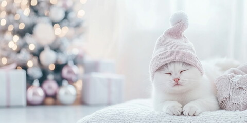 A cute fluffy red white kitten in a christmas hat sitting on the ground against an Christmas tree with silver decor