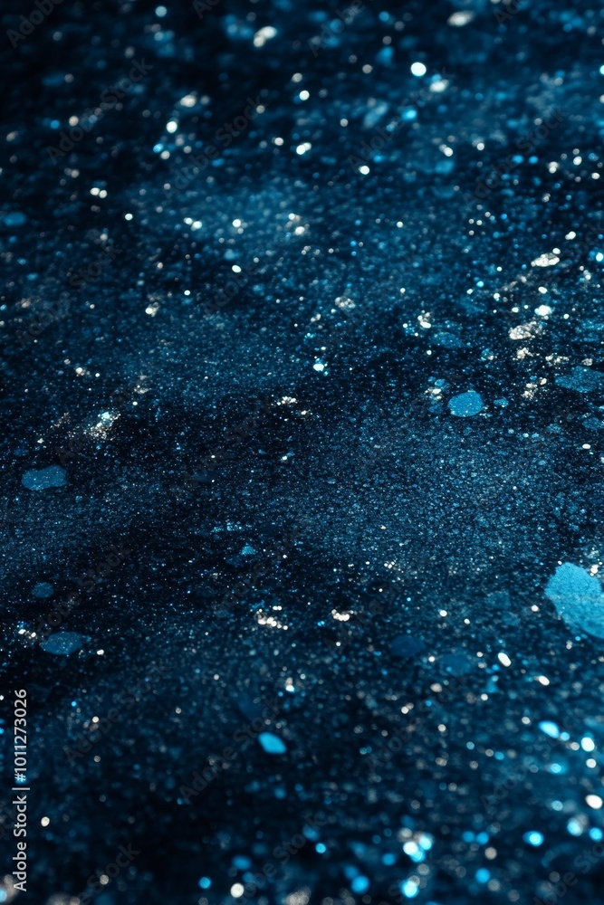 Poster deep blue abstract background with glowing particles and a sparkling, glittering texture