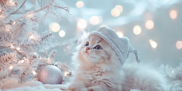 A cute fluffy red white kitten in a christmas hat sitting on the ground against an Christmas tree with silver decor