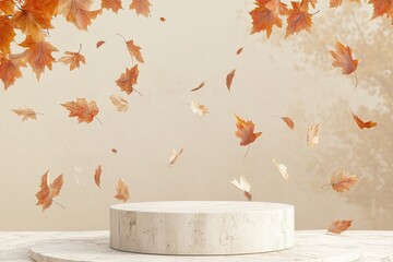Natural stone podium with falling autumn leaves on a beige background. Autumn season. 
