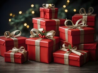 Obraz premium christmas gift red boxes with gold ribbon