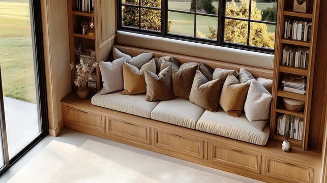 Cozy reading nook with a custom-built window seat and bookshelves filled with soft cushions, bathed in natural daylight