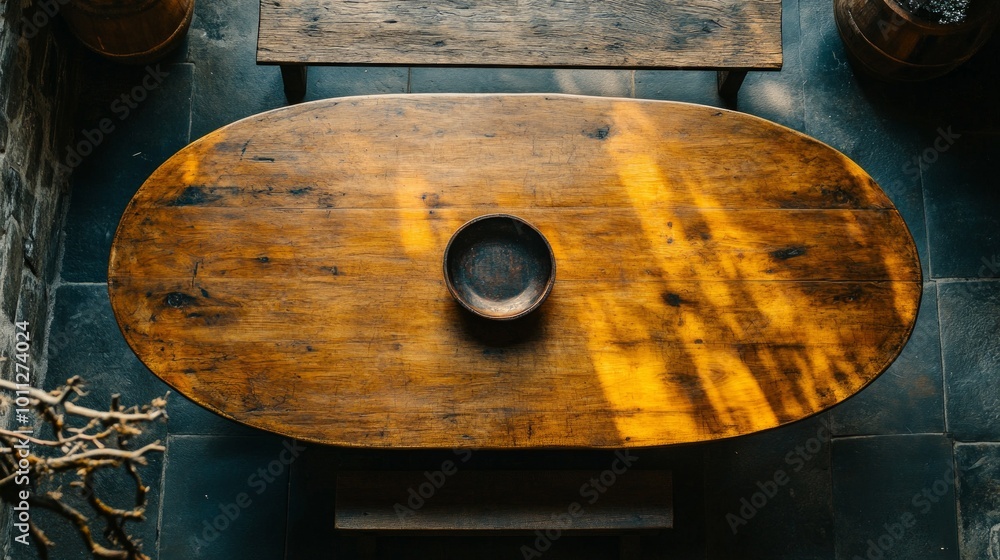Poster minimalist dining area featuring a custom extendable table and cozy bench seating in soft ambient li