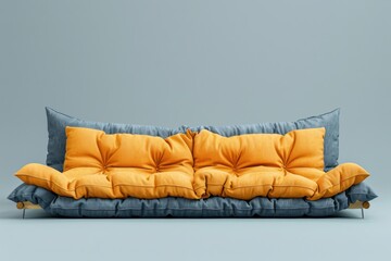 Cozy modern couch with soft yellow and blue cushions in a minimalist living room