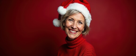 Fototapeta premium A stunning portrait of a middle-aged woman in a Christmas hat smiling confidently into the camera against a rich dark red backdrop for festive visuals banner.