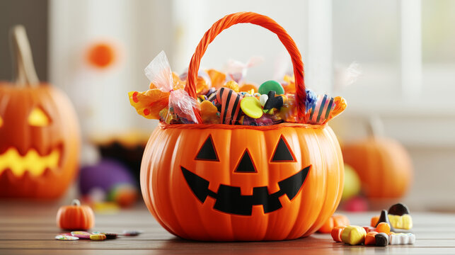 Halloween candies in plastic jack o lantern pumpkin bucket on wooden table, closeup view