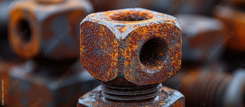 Poster a close-up of a rusty nut with a hexagonal shape, with a threaded bolt visible in the background.