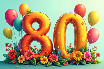 80th birthday card. Large, stylized number 80 made of balloons, surrounded by smaller balloons and flowers, all set against a light blue background.