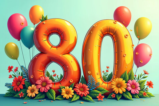 80th birthday card. Large, stylized number 80 made of balloons, surrounded by smaller balloons and flowers, all set against a light blue background.
