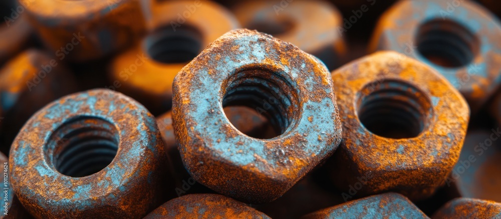Poster close-up of rusty nuts, showing the texture and detail of the metal.