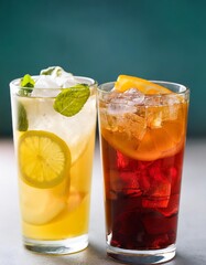 Fototapeta premium Three glasses of iced tea with lemon and mint isolated on white background