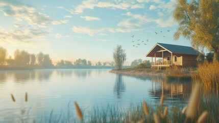 Fototapeta premium Peaceful prefabricated cabin by the lake surrounded by nature in natural daylight