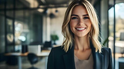 Fototapeta premium portret biznesowy, blond włosy, elegancka kobieta, biuro, niska przysłona, płytka głębia ostrości, korporacyjne, profesjonalna fotografia, realistyczna struktura skóry, światło naturalne, zbliżenie tw