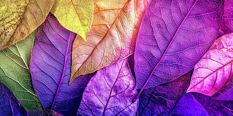 A colorful leafy background with a purple leaf in the foreground