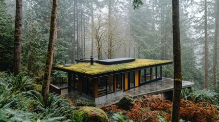 Modern prefab home with green roof blending perfectly into a dense pine forest surrounded by lush vegetation